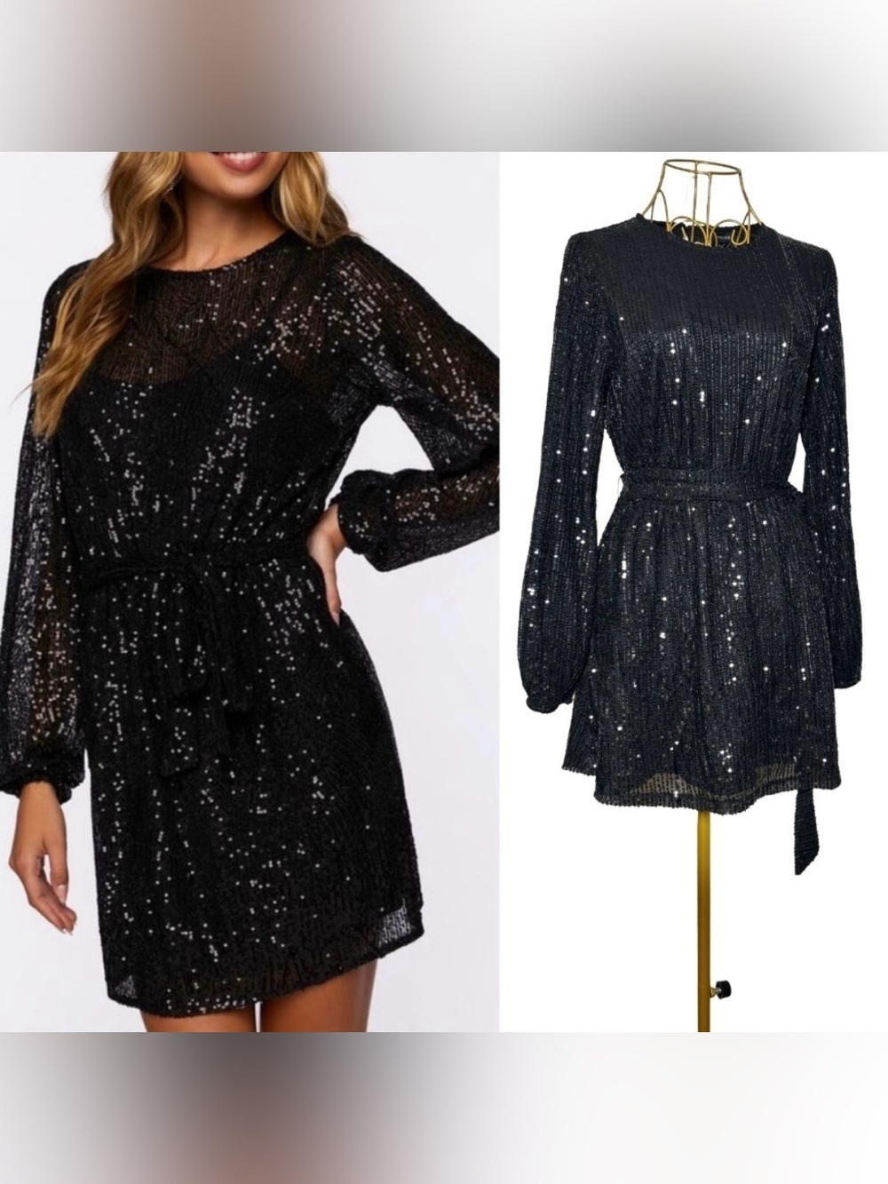 Forever 21 Black All-Over Sequined Mini Dress, Long Balloon Sleeves, Tie Belt, S